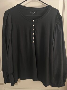 LOFT Black Long-Sleeve Puff Shoulder Top with Snap Buttons